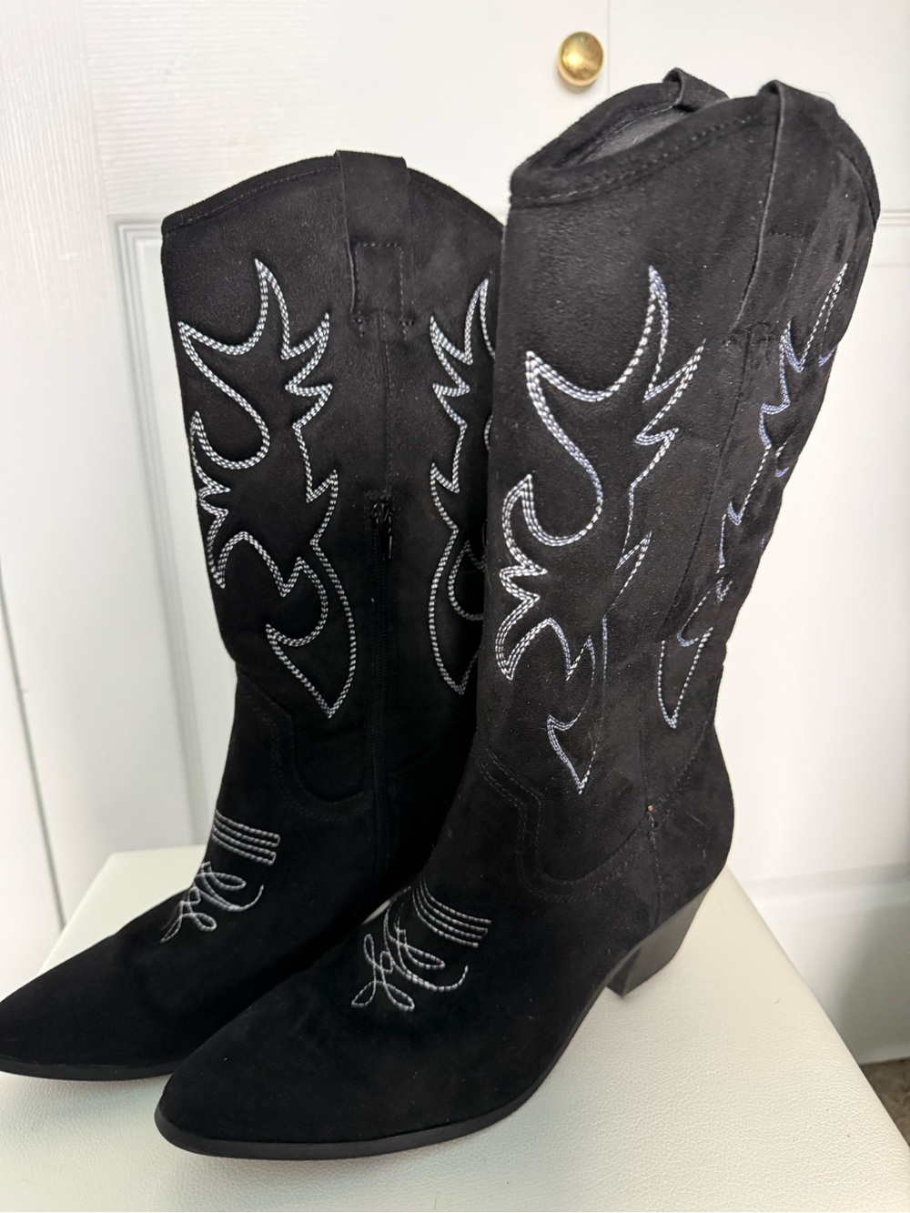 Women's Black Suede Western Knee-High Boots with Contrast Stitching